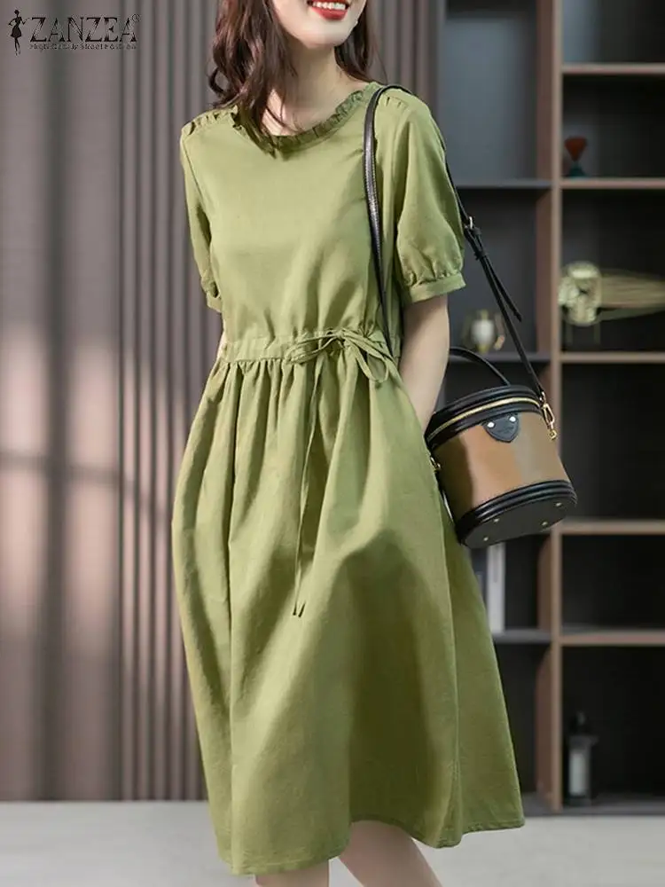 

ZANZEA Sweety Ruffled Stitching Midi Robe Women Belted Dress Elegant Korean Casual Solid Sundress Vintage Short Sleeve Vestidos