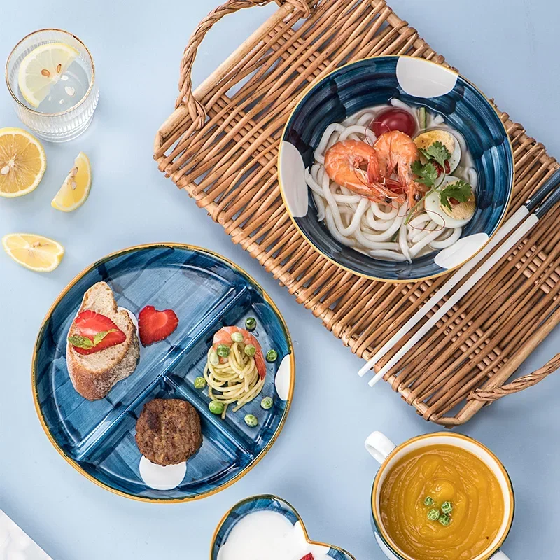 Ceramic Dinner Plate dining dish Japanese Hand Drawn Three Grid 1person Family Breakfast Fat-reducing Quantitative Divider