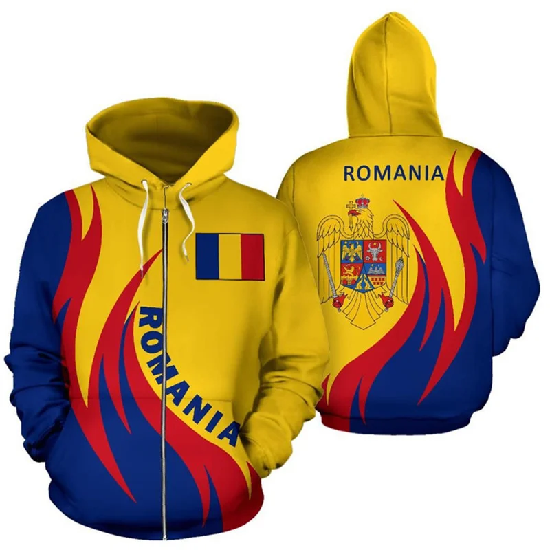 thumbnail image 1 of Sudadera con cremallera y estampado 3D de la bandera de Rumania para hombre, sudaderas con capucha y emblema rumano, sudaderas holgadas de manga larga a la moda para la calle, 1 of 4
