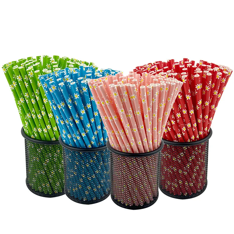 25pcs Home Kitchen Wedding Props Party Supplies Daisy Straw Paper Straws Disposable Decorations