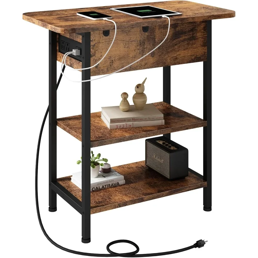 End Table with Charging Station, Flip Top Side Table with USB Ports and Outlets, Nightstand for Small Spaces, Bedside Tables wi