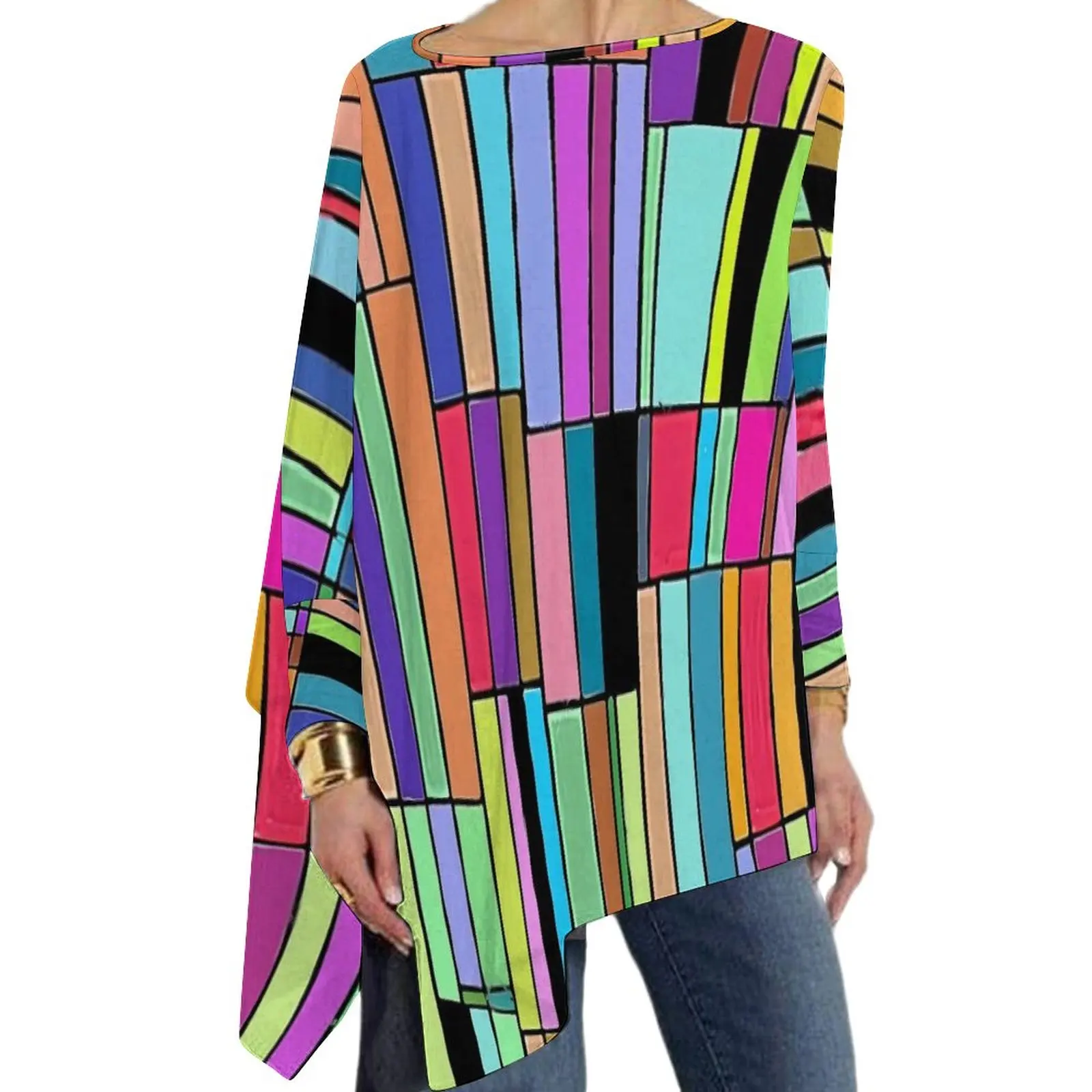 

Colorblock T Shirt Abstract Bookshelf Loose Long Sleeve T-Shirts Design Y2K Tshirt Womens Winter Clothing Large Size