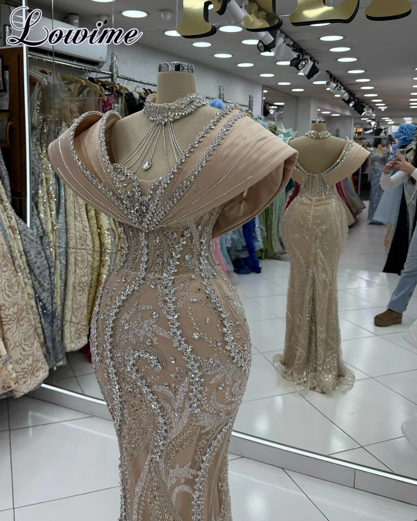 Champagne Crystal Mermaid Vintage Cocktail Prom Dresses for Wedding Party Customized