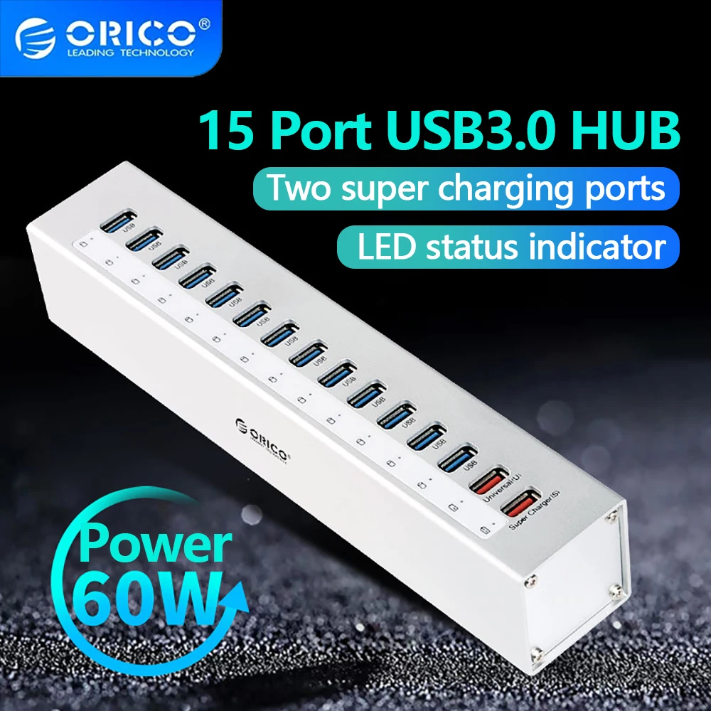 

ORICO A3H13P2-SV Aluminum 13 Ports Multi USB3.0 HUB Splitter with 2 Charging Ports 5V2.4A Super Charger / 5V1A Universal Silver