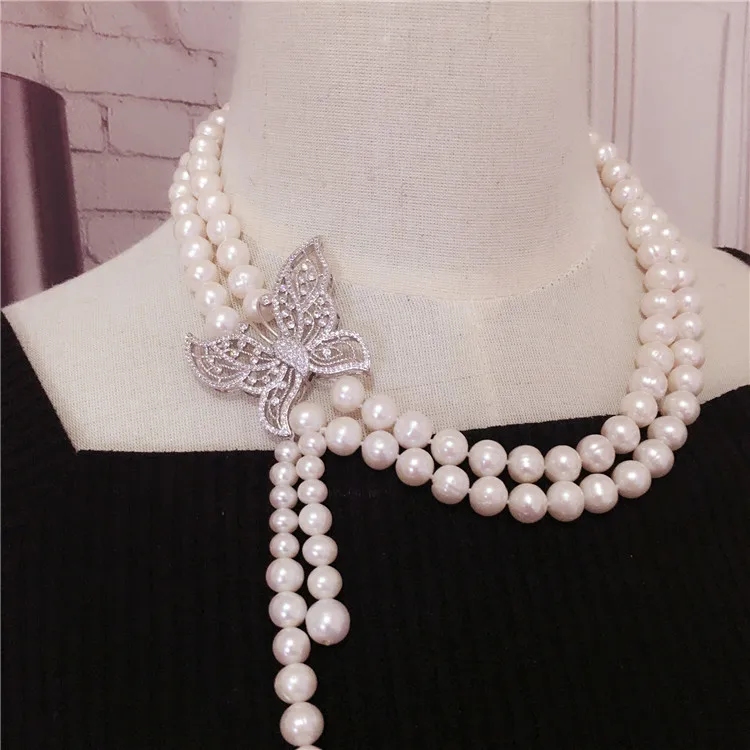 Hand knotted 8-9mm white natural freshwater pearl bow micro inlay zircon clasp tassel necklace fashion jewelry