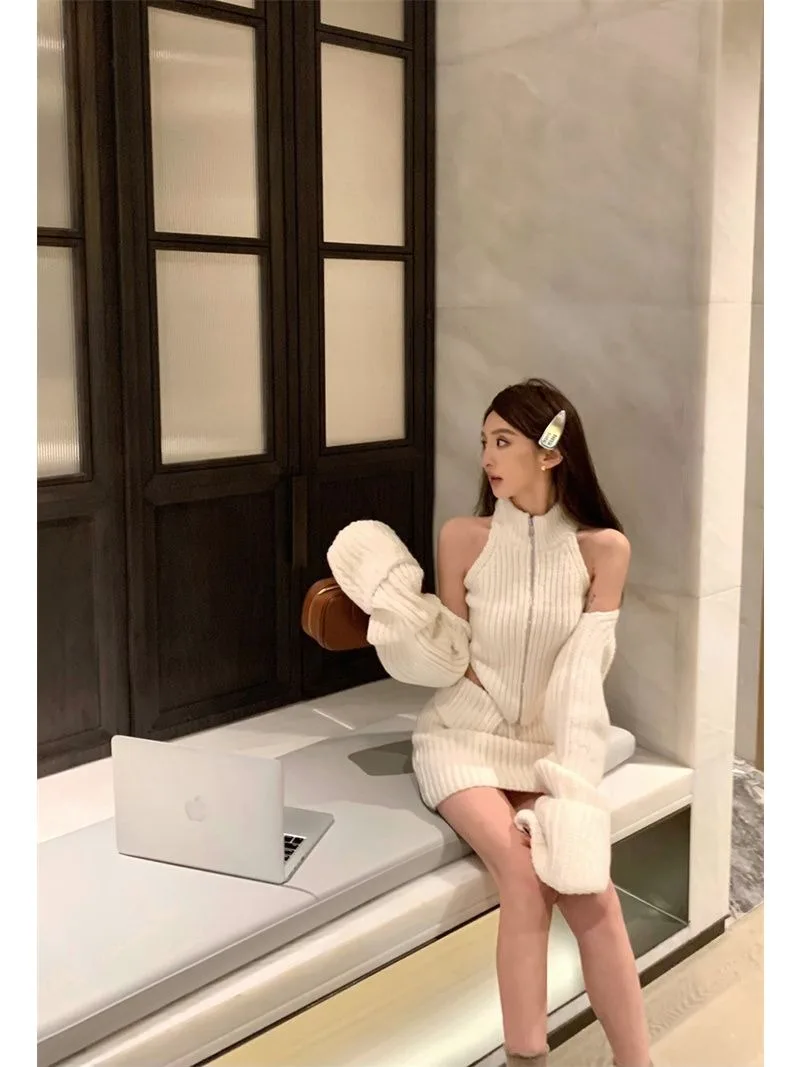 서스펜더 니트 저킨 가디건 스커트 쓰리피스 세트, 레이디 템퍼러먼트 스탠드 칼라, 솔리드 슬림 겨울 세트, 섹시한 소녀 패션