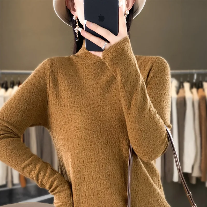 

Women's boutique semi high neck sweater autumn and winter knitted cashmere sweater Women's solid color pullover long sleeved top