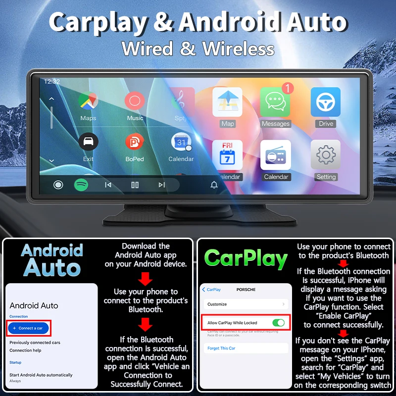 HIPPCRON 10.26" Portable Car Stereo, Wireless CarPlay & Android Auto Touch Screen GPS Navigation FM Multimedia Player