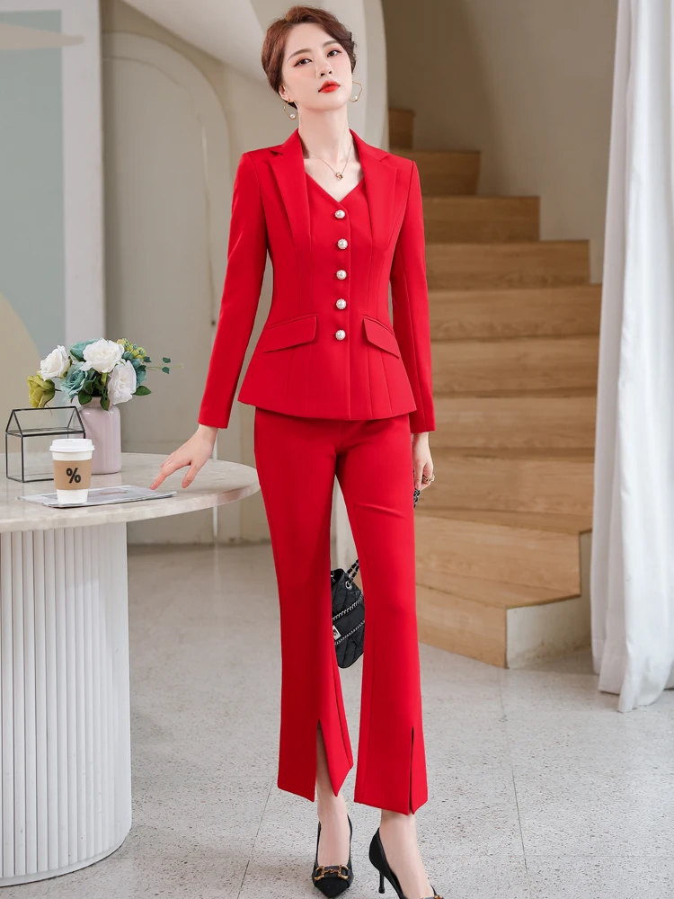 

Women Blazer And Guard Pants Sets Two Pieces OL Single Breasted Jacket Formal Suit Elastic Waist Split Trousers Spring Autumn