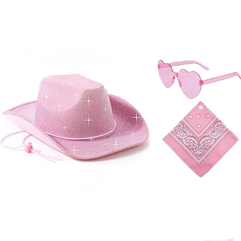 

Glitter Pink Cowboy Hat Sunglasses Scarf Theme Party Costume Stage Props Outfit