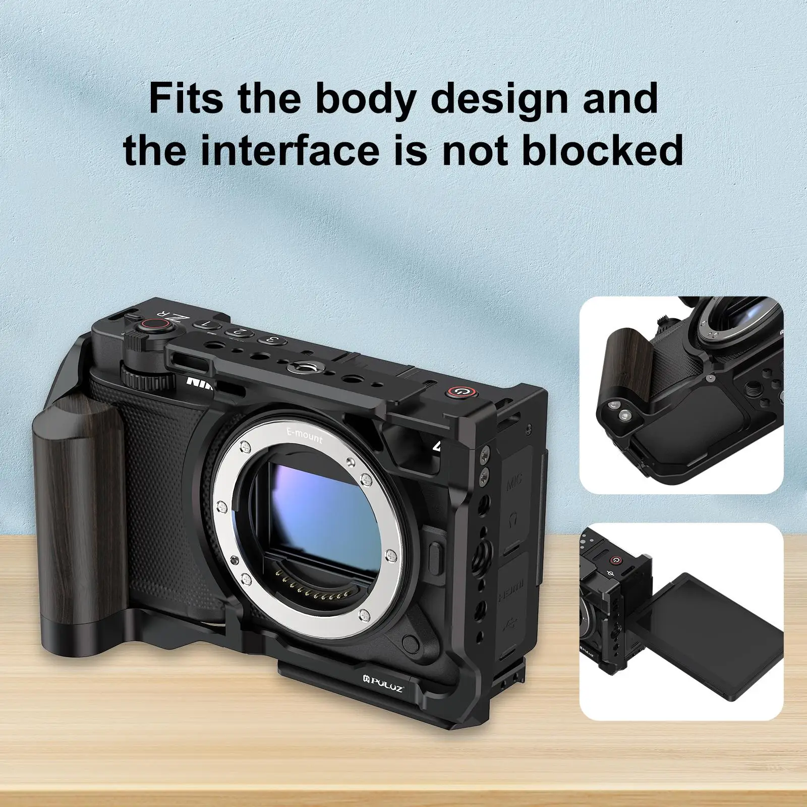 For Nikon ZR PULUZ Wood Handle Metal Camera Cage Expansion Frame