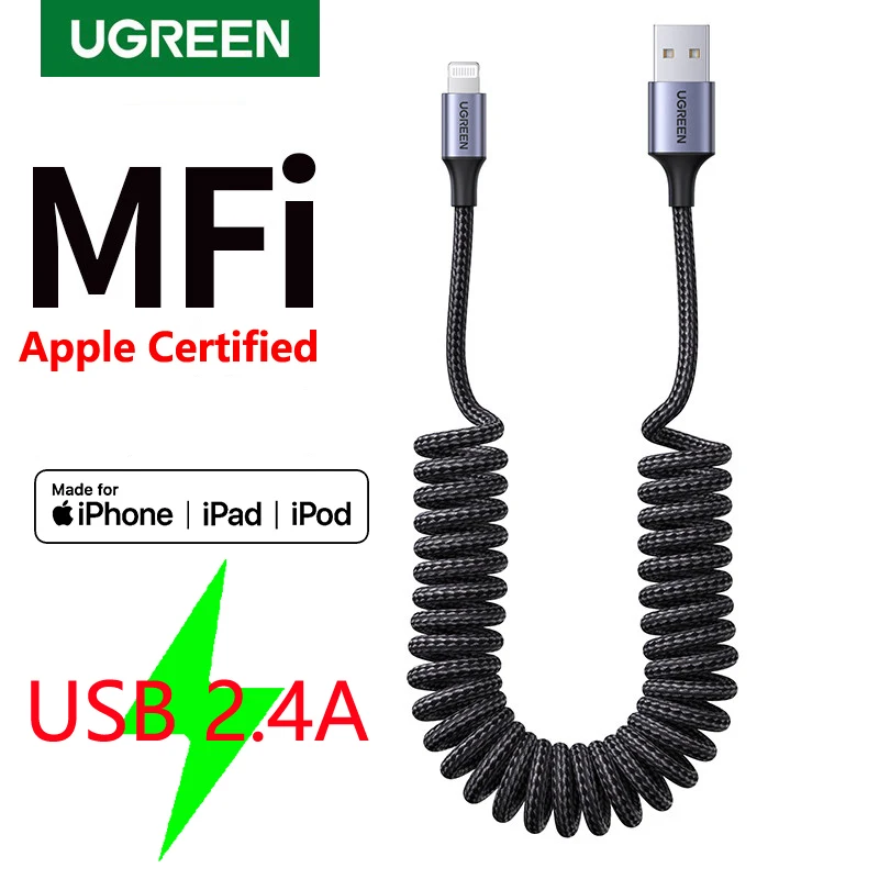 

UGREEN MFI Carplay пружинный USB-кабель с разъемом Lightning, зарядное устройство для iPhone 14 13 12 11 xs 8 7 6 Apple ipad 2,4 А, быстрая зарядка, плетеный кабель для передачи данных