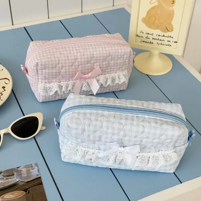 Chic Pink and Blue Checkered Quilted Lace Pencil Case – Large Capacity Stationery Organizer