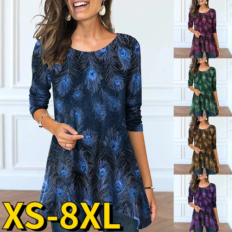 

2023 Spring Everyday Oversized T-shirt Autumn Fashion Tops Women Elegant Pullover Feather Print Long Sleeve Round Neck Tee Shirt