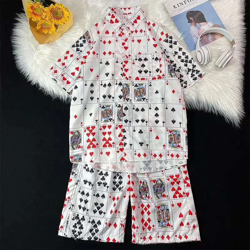 Summer New Playing Card Pattern Short Sleeved Shirt Set With High Quality Outdoor Travel Personalized Clothing For Men And Women