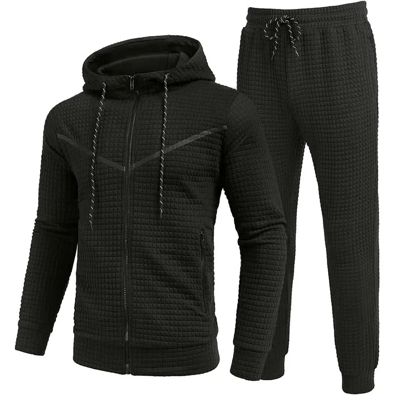 Autumn and Winter 2023 Men's Fashion Trend Casual Sports Running Small Square Zipper Hooded Men's Two-piece Suit