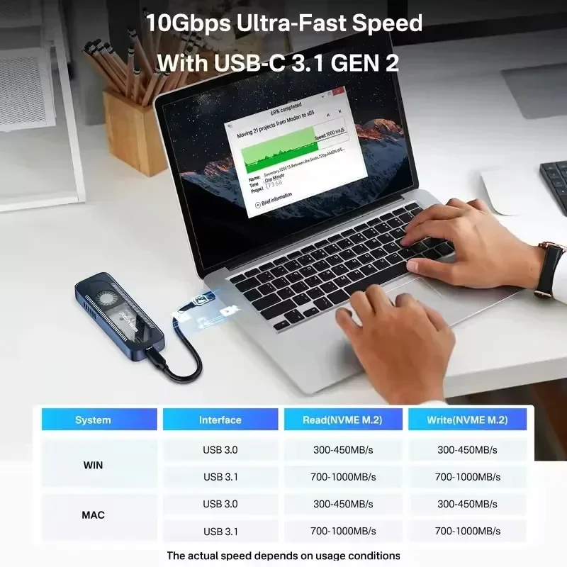 ACASIS 10Gbps USB C NVME SSD 케이스 (M.2 2280 SSD용, 쿨링 팬 포함), 2260/2242/2230 지원, USB 3.2 Gen 2, 공구 없이 조립 가능