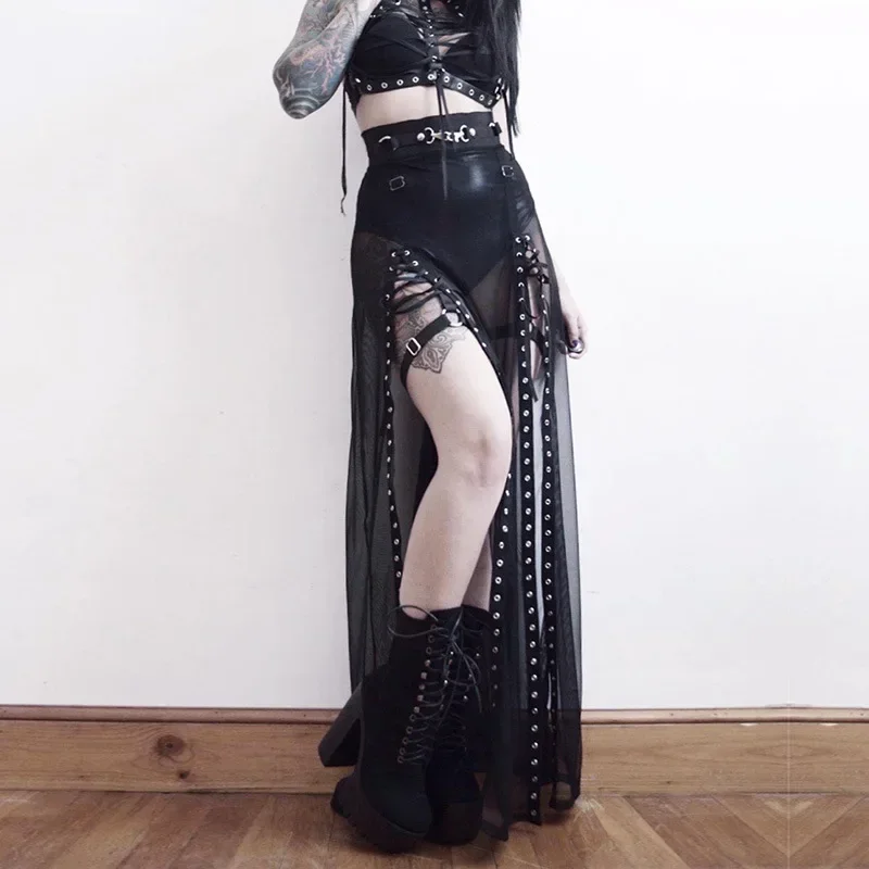 Goth Midi Skirts Punk Mall Gothic Mesh High Split Grunge Sexy High Waist Black Women Night Long Skirt See Through Partywear 6