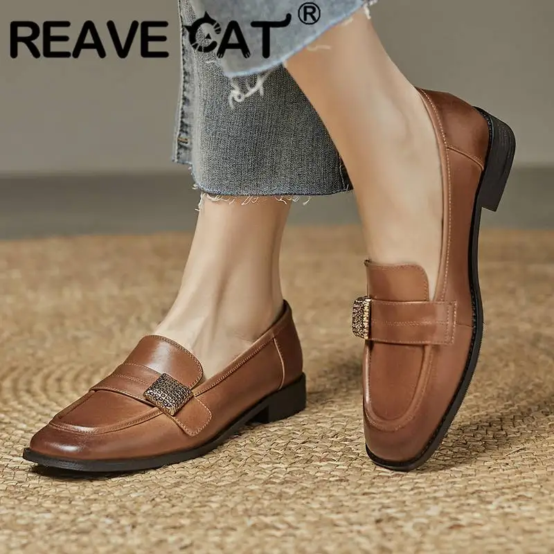 

REAVE CAT Loafers Cow Genuine Leather Women Flats Square Toe Slip On Female Shoes Big Size 40 Soft Metal Decoration Casual Daily