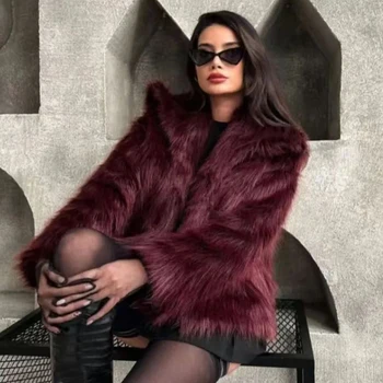 HXAO Women's Fur Coat Women 2024 Plush Burgundy Bomber Jacket Solid Crop Long Sleeve Jacket Warm Winter Coats Woman Casual Coats 4