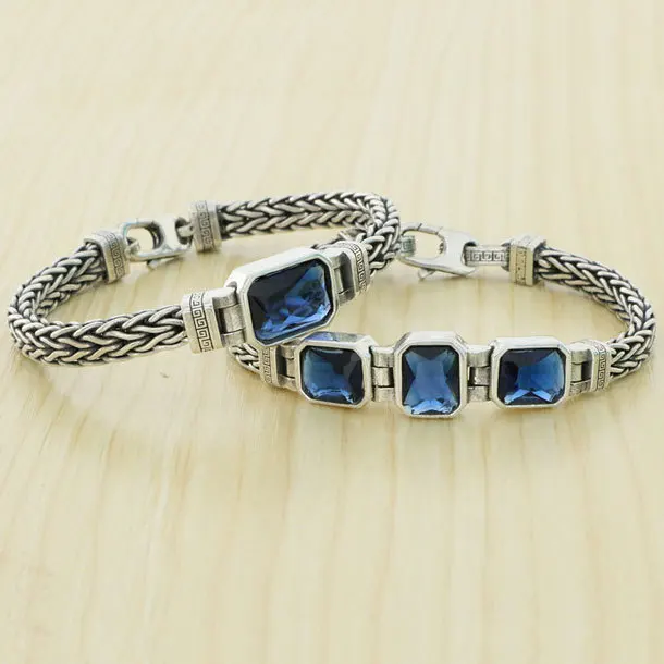 

Temperament fashion sapphire hand woven 925 sterling silver Fried Dough Twists bracelet men's high-end niche design jewelry