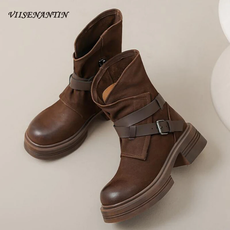

Vintage Style Buckle Belt Martin Boots for Women New Arrival Round Toe Chunky High Heel Mid Calf Boots Females Genuine Leather