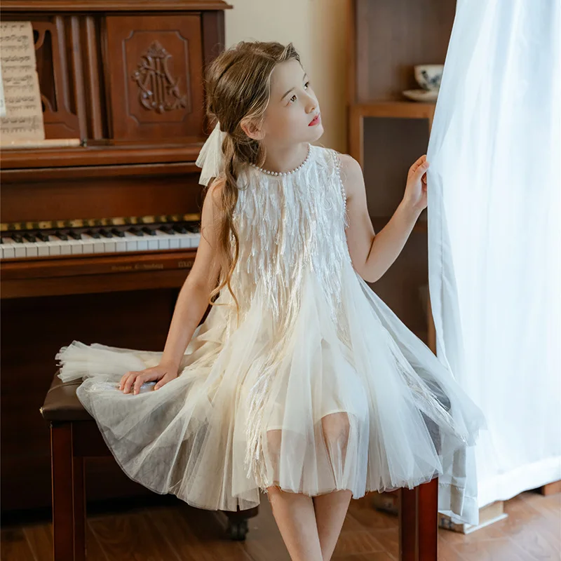 2025 الصيف الفتيات الصغيرات بلا أكمام فستان شبكي فستان الأميرة الأطفال موضة صد فستان 4-14 سنة الفتاة فستان أنيق