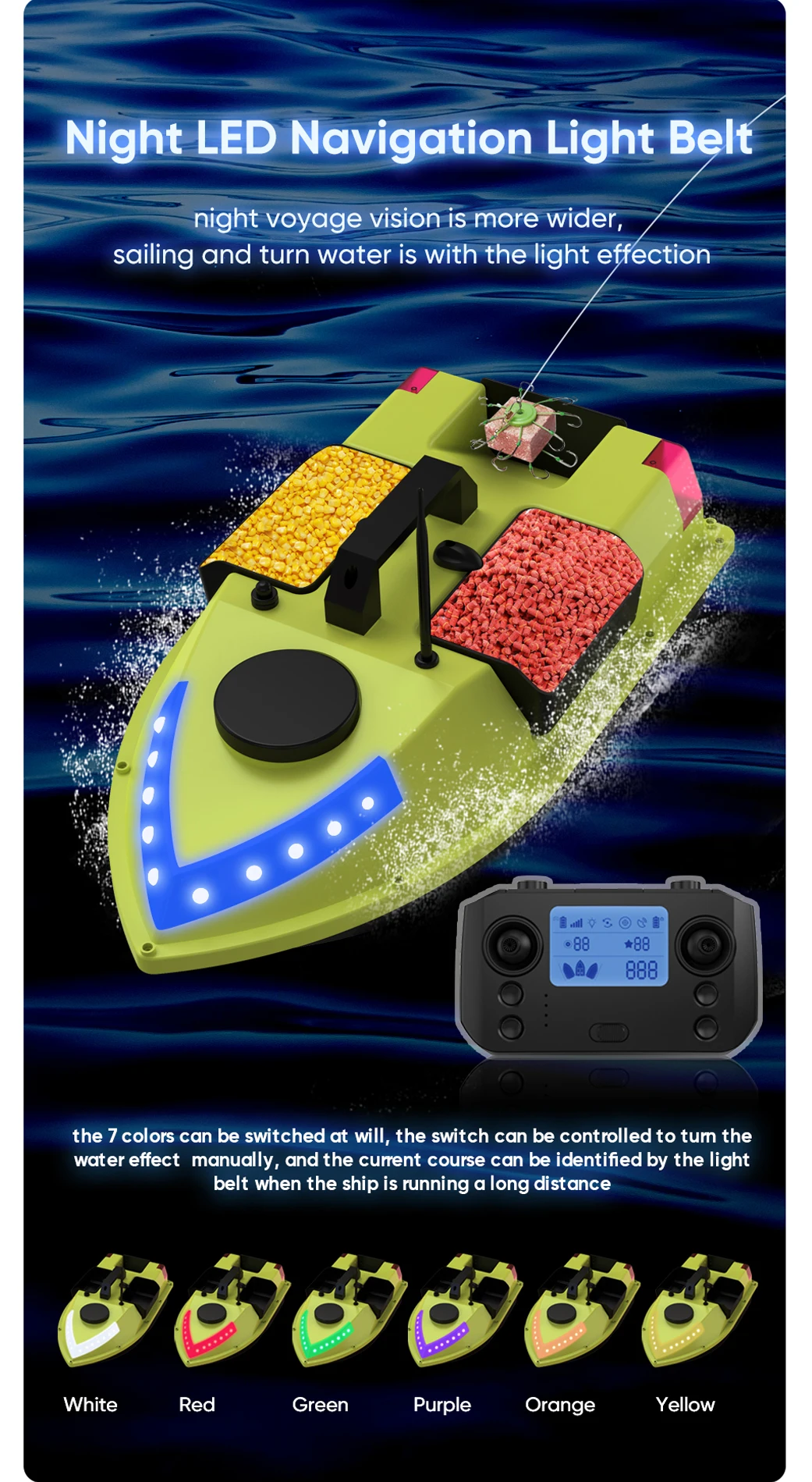D20 GPS RC Köderboot 600M Kabelloses Ferngesteuertes Angelköderboot Futterboot mit 3 Köderbehältern 7 LED-Leuchten – Detail 6