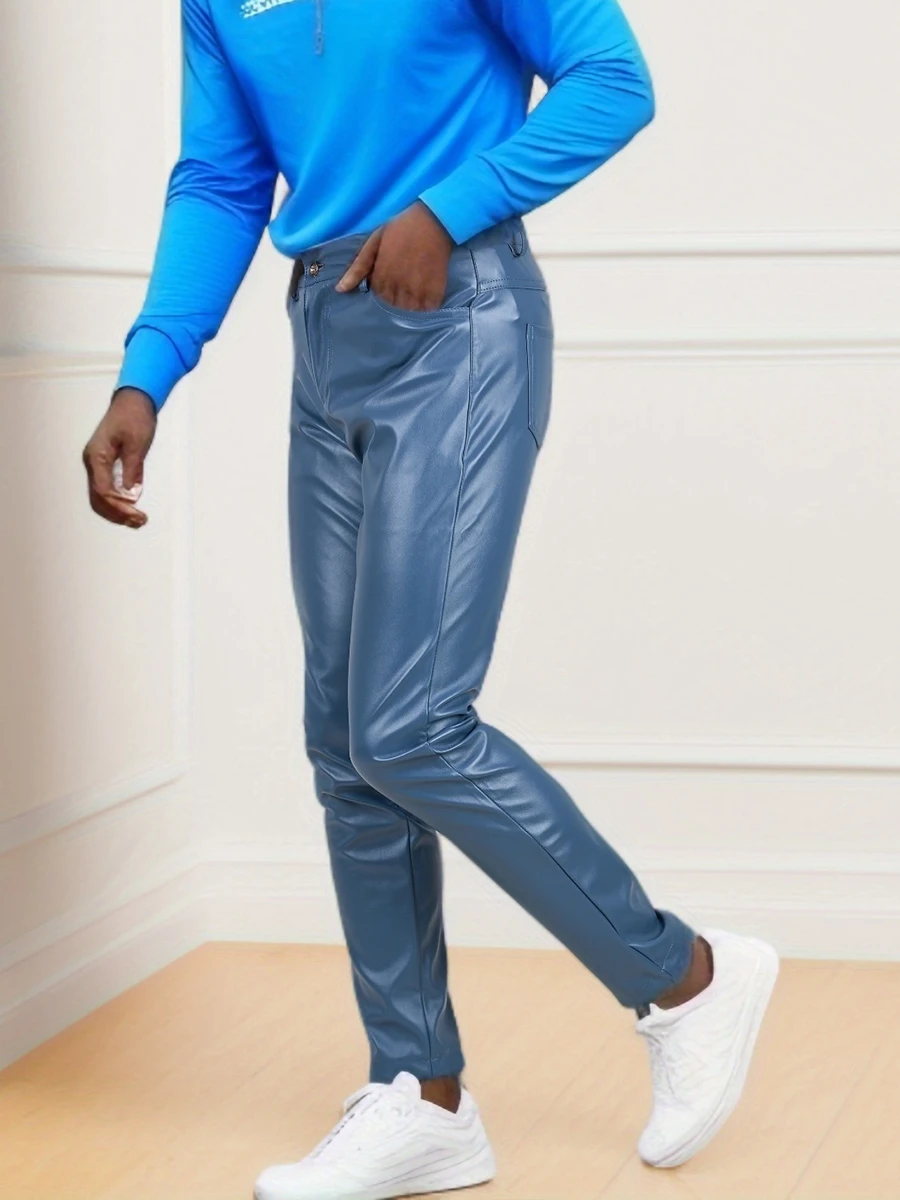 Spring and summer light and thin men's peacock blue leather pants, Engliand style daily men's pants