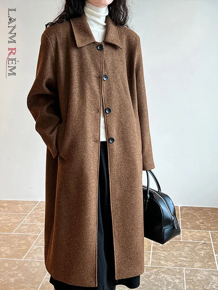 

LANMREM Lapel Collar Woolen Coat Women's Mid Length Single Breasted Long Sleeves Office Lady Fashion Winter Clothing 2DA2176
