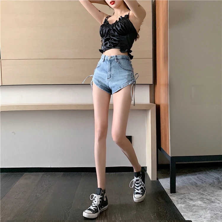 Women's Denim Shorts Classic Vintage High Waist Bandage Cross Blue Wide Leg Female Caual Summer Ladies Shorts Jeans For Women jorts