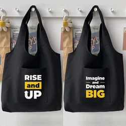 Street Casual Tote Bag Shoulder Bag Woman Bag Commuter Bag Shopping Handbag Personality Phrase Pattern Print Canvas Bag Black
