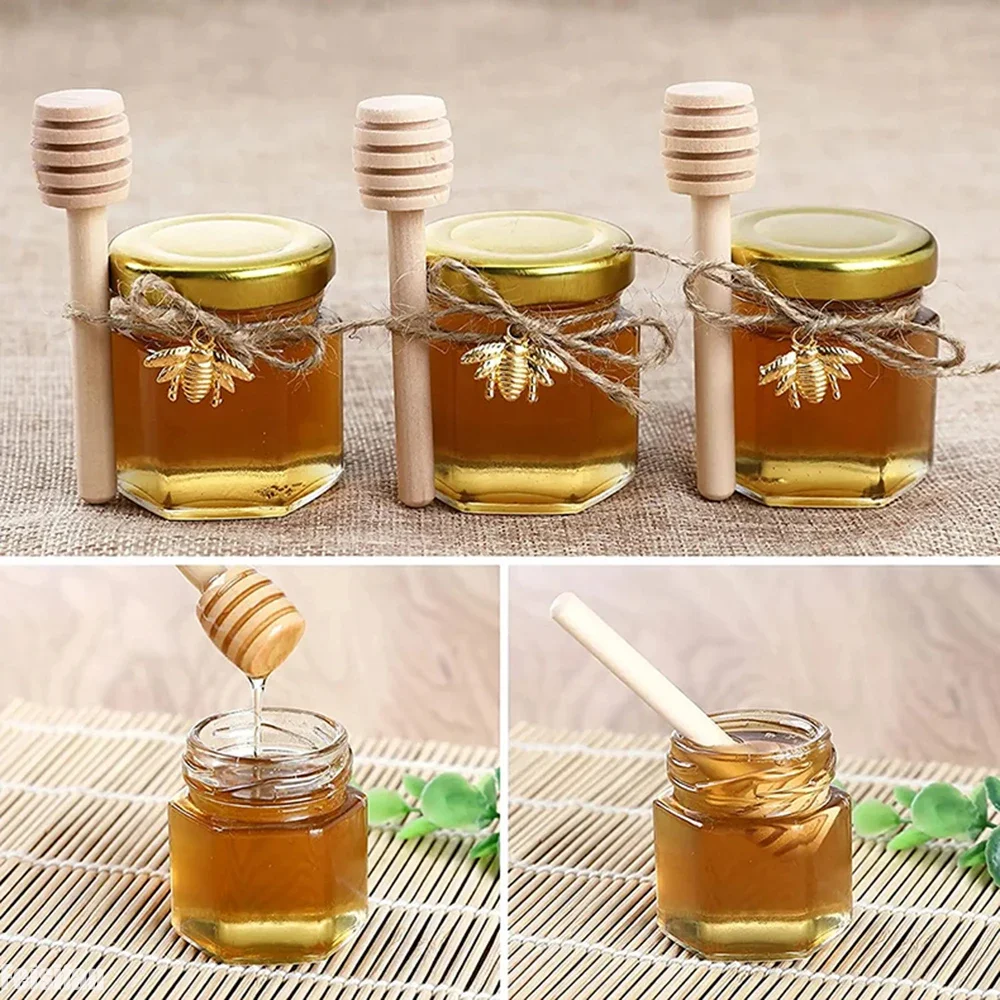 

20Pcs 1.5oz Hexagon Mini Glass Honey Jars Jam Snack Storage Bottles with Wood Dipper Bee Pendants Hemp Rope Storage Bottles