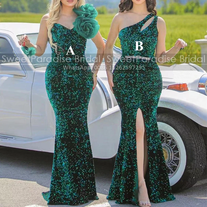 

Emerald Green Sequins Long Bridesmaid Dresses With Flower One Shoulder Mermaid Long Side Split Sheath Wedding Party Dress
