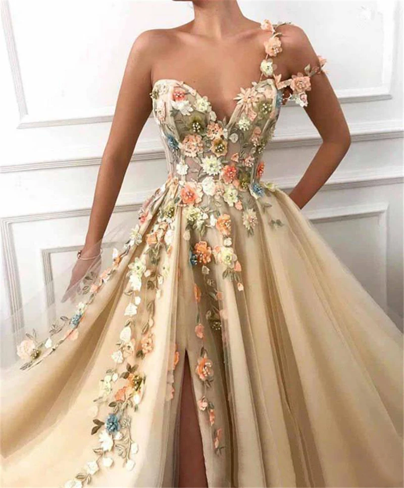 On Zhu Elegant One Shoulder Prom Dresses Long 3D Floral Lace Applique Beaded Formal Evening Gown Party Dresses with High Split modest prom dresses