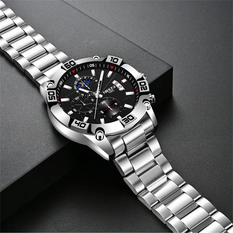 NIBOSI Luxury Chronograph Quartz Watch for Men Stainless Steel Waterproof Luminous Date Fashion Mens Watches Relogio Masculino