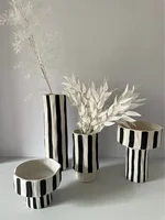 Black and White Striped Ceramic Vase Wide Mouth Flowerpot Geometric Pattern Flower Arrangement Porcelain Handicraft Ornaments 1