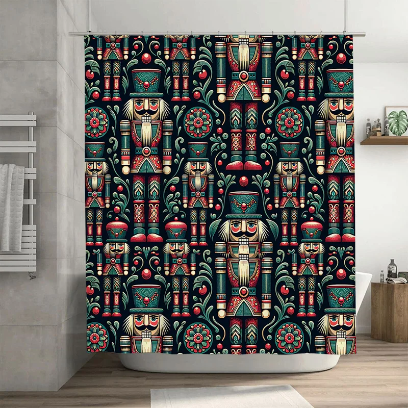 ม่านอาบน้ำทหารนัทแครกเกอร์คลาสสิก ลายซ้ำสีแดงและสีเขียวสำหรับห้องน้ำในเทพนิยายคริสต์มาสแบบดั้งเดิม 1