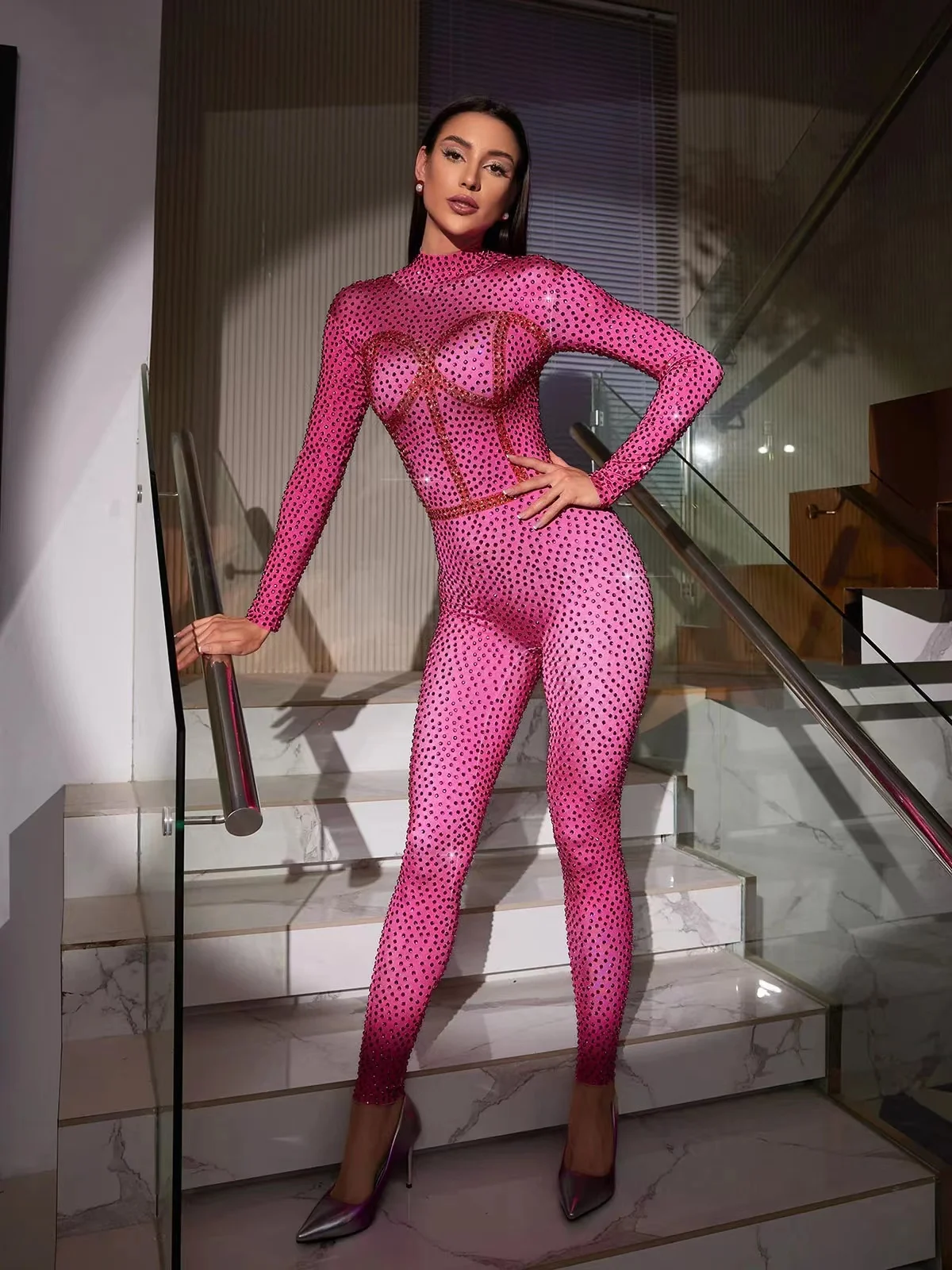 

Sparkly Pink Crystals Jumpsuits Female Nightclub Bodycon Dance Bodysuits Stage Wear Women Birthday Rhinestone Party Rompers