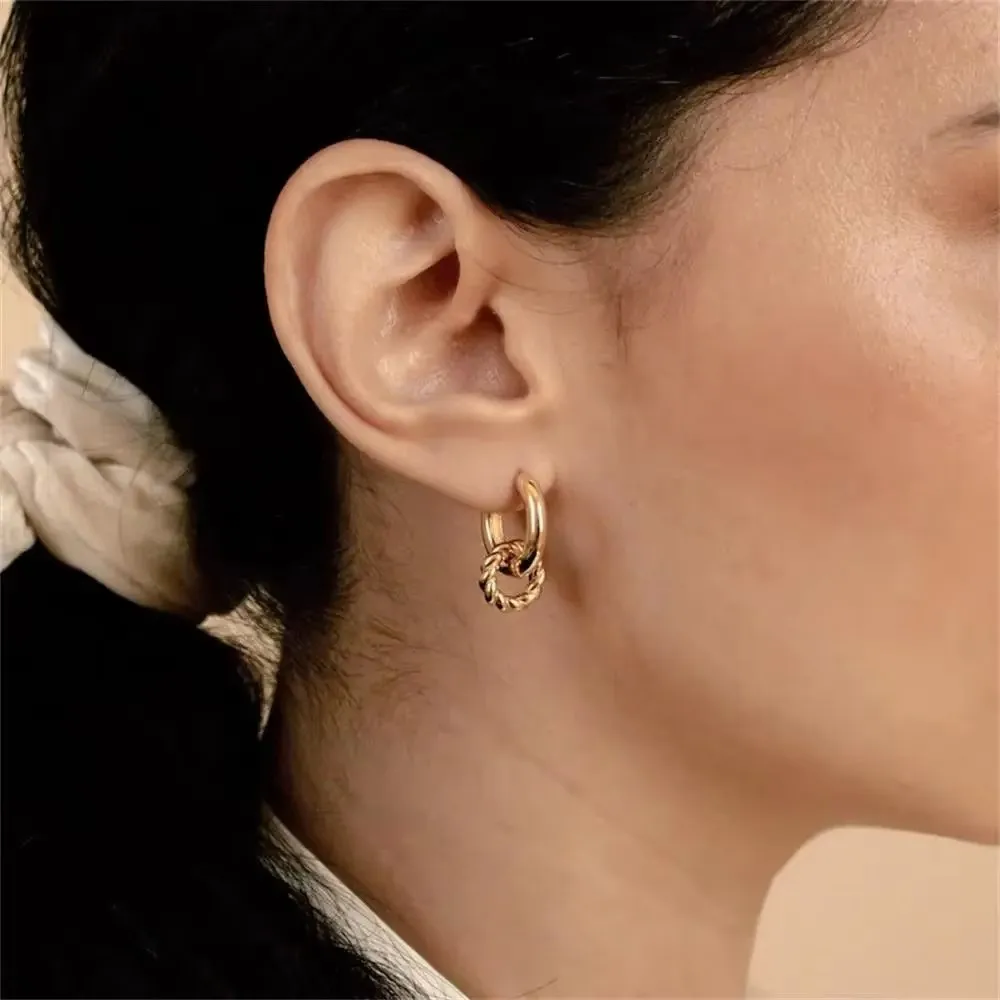 Stainless Steel Vintage Double Circle Round Zircon Dangle Earrings Gold Plated Twist Huggie Hoops Ear Buckle Exquisite Jewelry