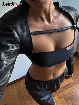 Weird Puss Extra Short Women Jacket+Tube Tops Leather