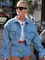 BKQU Denim Sequins 2 Piece Pants Set Women Fashion High Waist Shorts Lapel single-breasted Cropper Jackets Female Luxury Outfits - Image 3