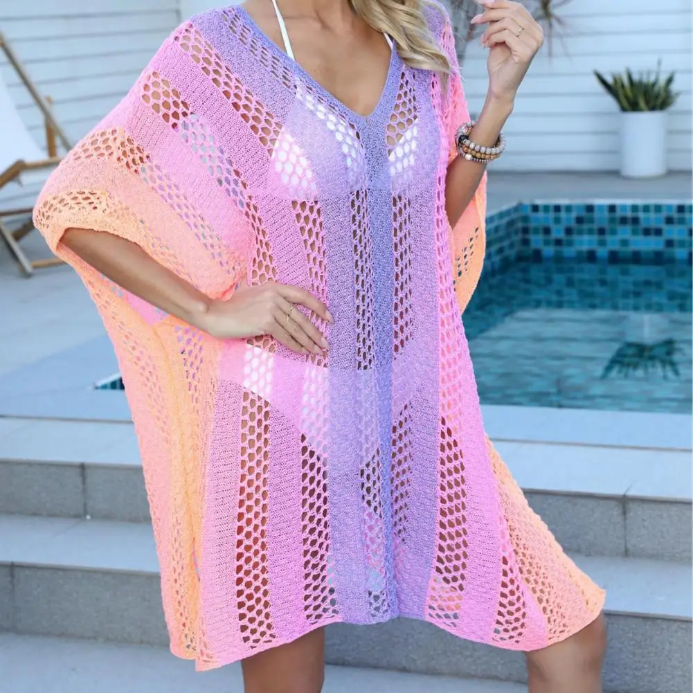 

Women Summer Dress Summer Beach Cover Up Dress Women's Sexy Gradient Knit Bikini Coverup Hollow Out Swimwear Tunic Pullover