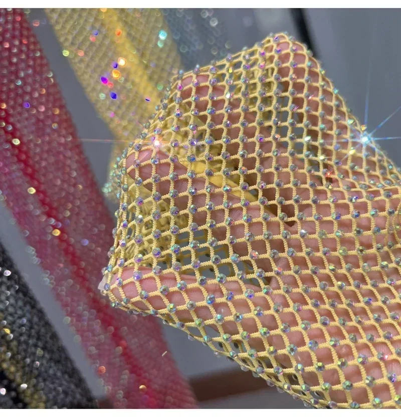 Women Sexy Mesh See Through T Shirt Shiny Rhinestone Fishnet Hollow Out Crop Top Long Sleeve Beach Cover Up Party Club Tank Tops