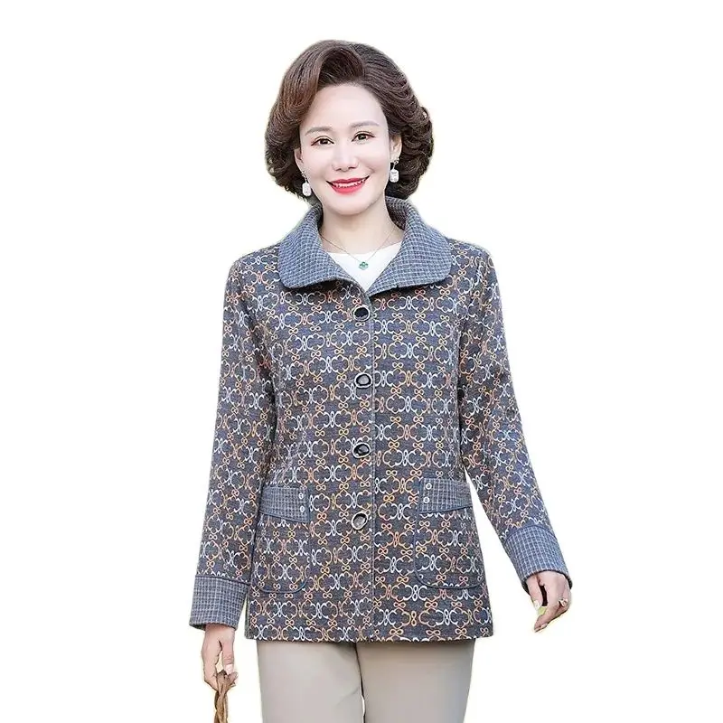 

Middle-aged And Elderly Mothers Spring Coat Lapel Fashion 2024 New Middle-aged Women Printed Western-style Windbreaker Tide 5XL.