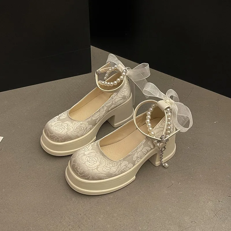 Spring Women Thick Platform Mary Janes Lolita Shoes Summer 2024 New Bow Chain Party Pumps Fashion Oxford Shoes Zapatos De Mujer 3