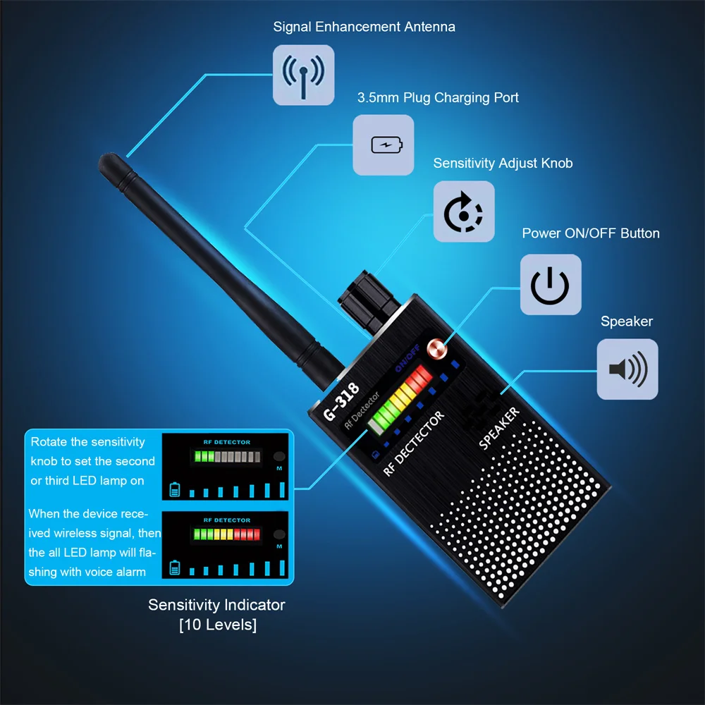 G318 G319 Anti-Spy RF Signal Detector GSM Audio Bug GPS Tracer Lens Device Finder Wireless Spy Camera Anti Candid Camera Scanner hidden camera detector infrared camera detector camera detector signal detector