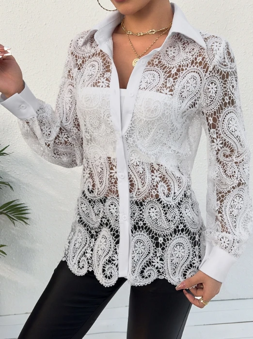 

Elegant Blouse for Women 2024 Spring Autumn Long Sleeved Solid Color Lace Patchwork V-Neck Women's Shirt Female Clothing