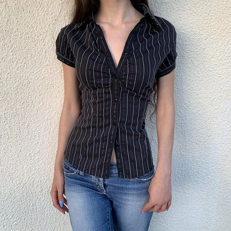 Black White Striped Button Tee Shirt Y2K Women Casual Puff Sleeve Fitted Crop Top Casual Retro Turndown Collar Tops
