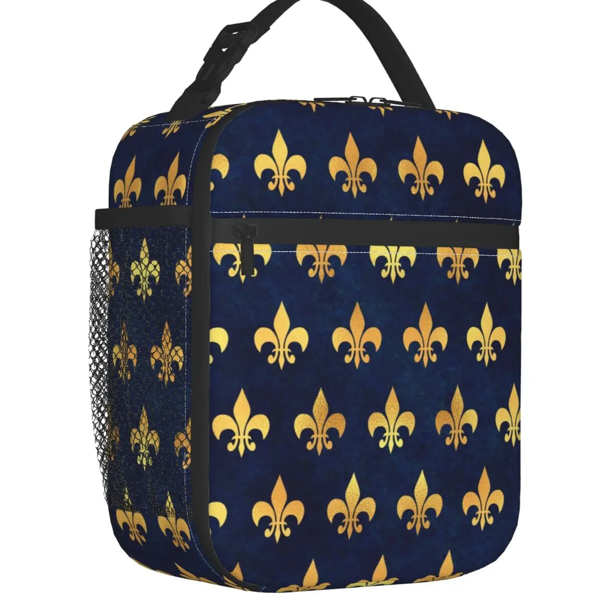 

Royal Gold Blue Grunge Fleur De Lis Lily Flower Insulated Lunch Bag for Outdoor Picnic Cooler Thermal Bento Box Women Kids
